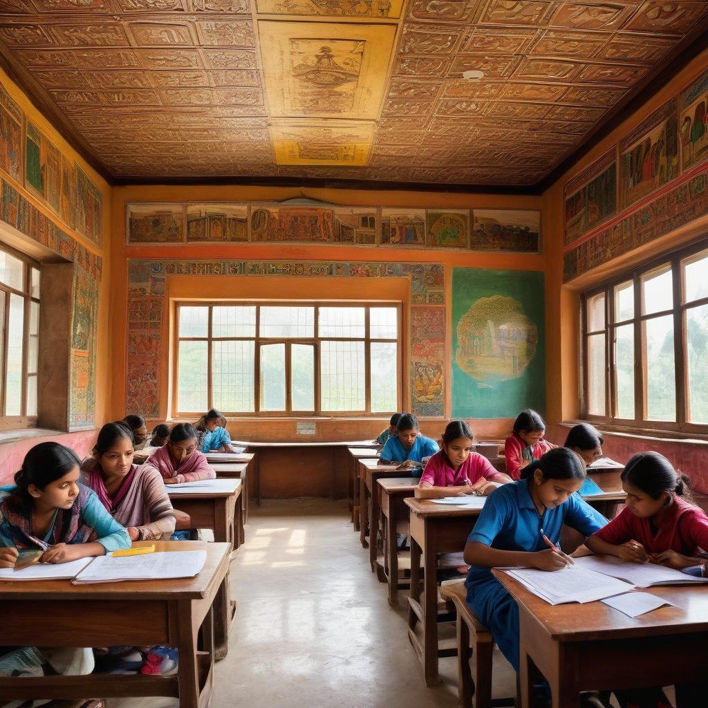 A vibrant classroom scene in Bihar showcasing diverse students engaged in collaborative learning, surrounded by educational posters and books. Include a teacher inspiring the class with innovative methods, reflecting both challenges and achievements. The background should feature elements iconic to Bihar, like local architecture or landscapes, symbolizing cultural richness and hope for education. super-realistic. vibrant colors. rich details.