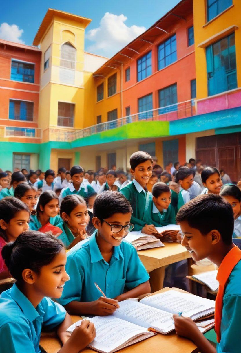 A dynamic scene capturing a diverse group of students engaged in learning, with open textbooks and digital devices, symbolizing the education community in Bihar. In the background, vibrant school buildings reflect hope and progress. Overlay the image with a graph showcasing rising board exam results, symbolizing success and achievement. Use bright, uplifting colors to evoke optimism. super-realistic. vibrant colors. educational theme.